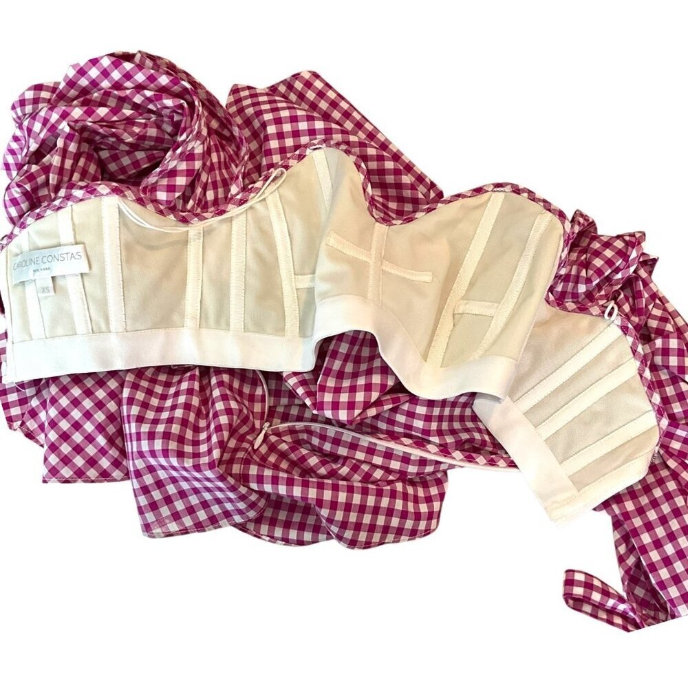 Caroline Constas Pink Gingham Plaid Gabriella Blouse Size XS Off Shoulders - Picture 8 of 11